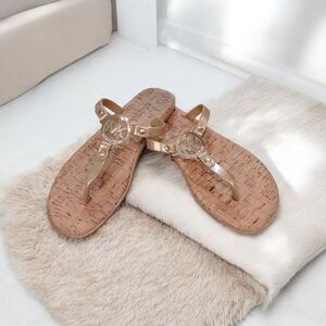 Michael Kors MK Charm Gold Jelly Thong Flip Flop Cork Bottom Womens Size 6 M